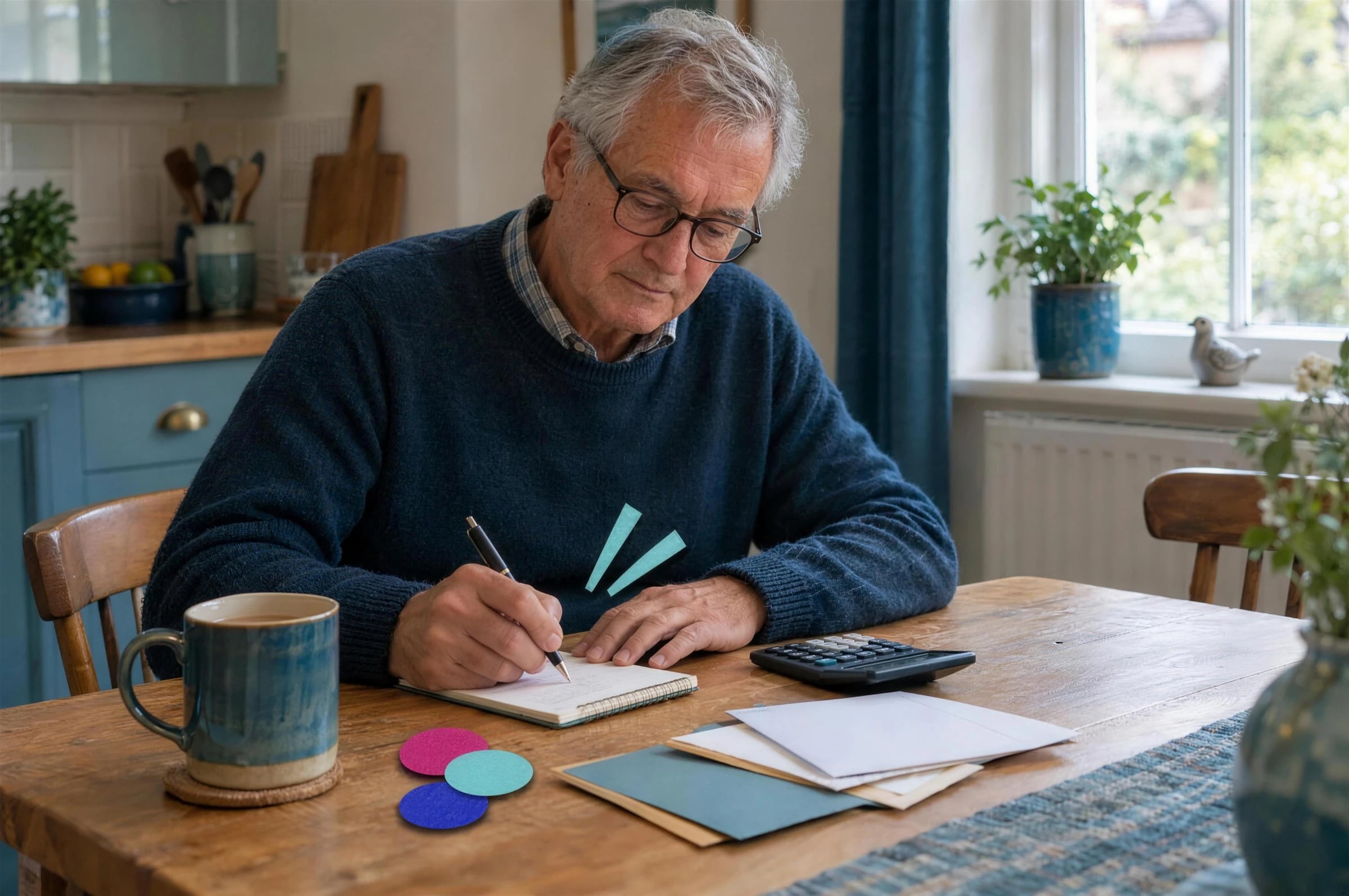 A man at his kitchen table writing in a notebook beside a few envelopes and a calculator.