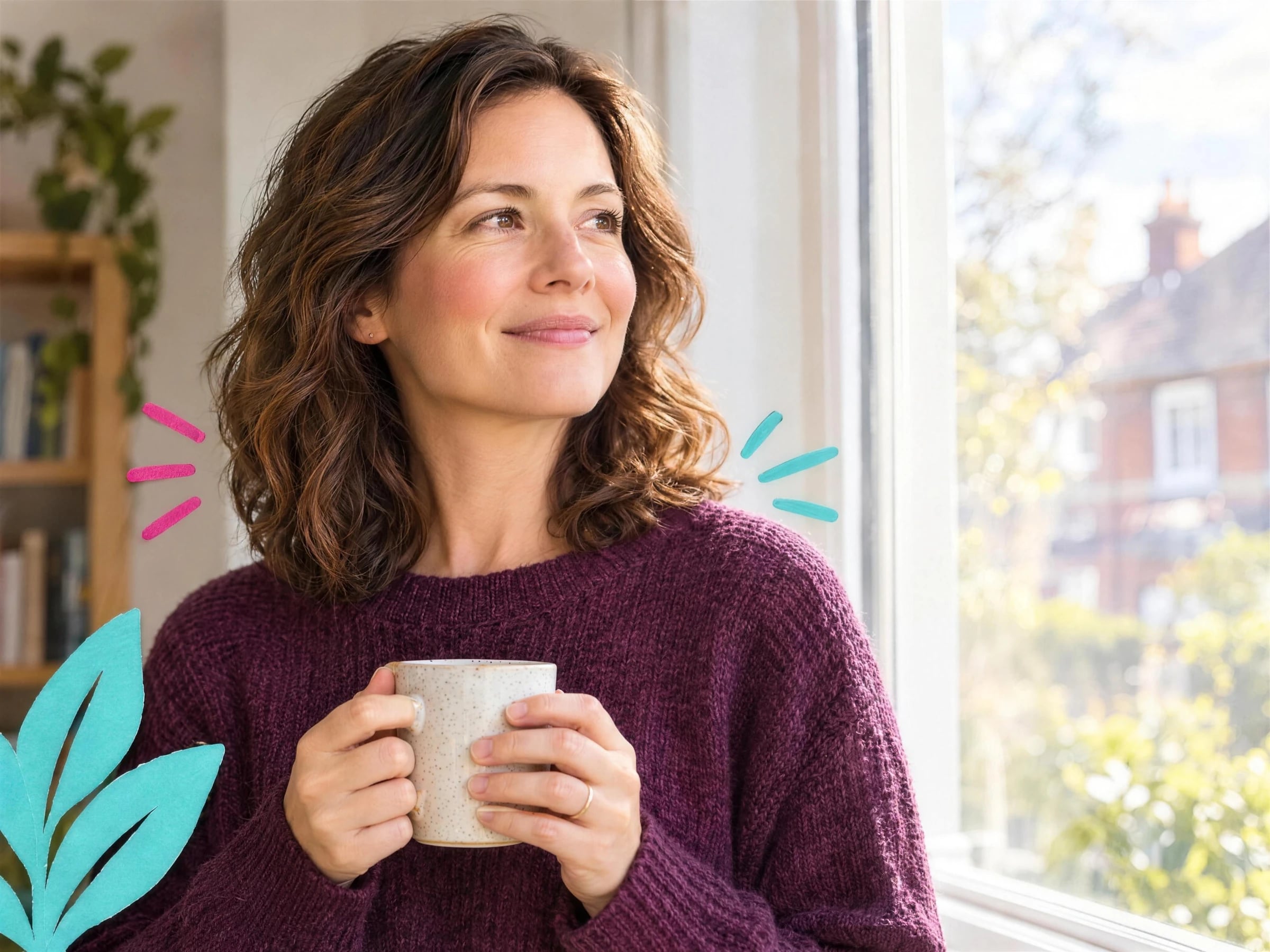 A woman by a sunny window holding a mug of tea, looking calm, with paper sparkles around her.