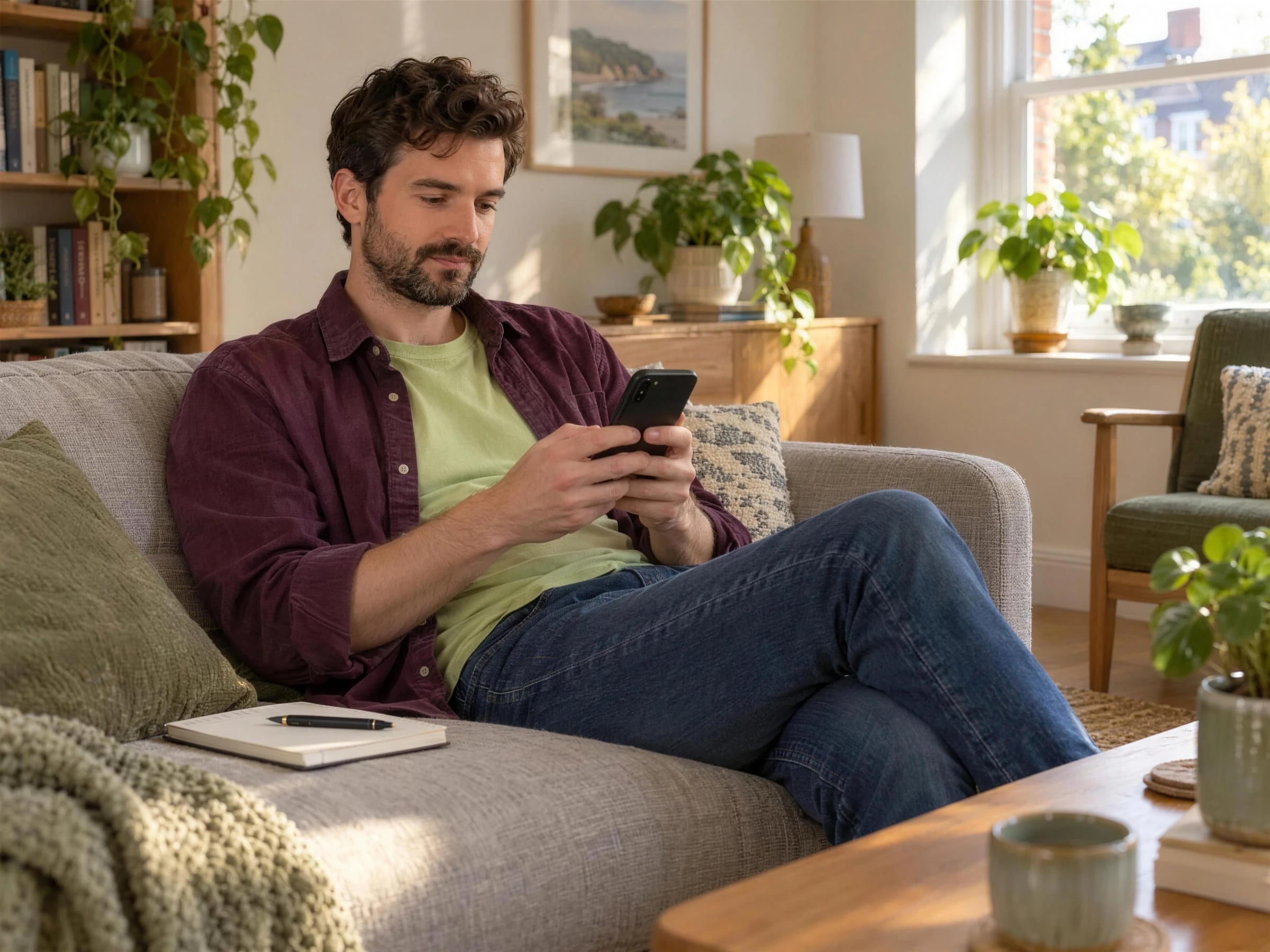 A man on his sofa using his phone, with a notebook beside him.