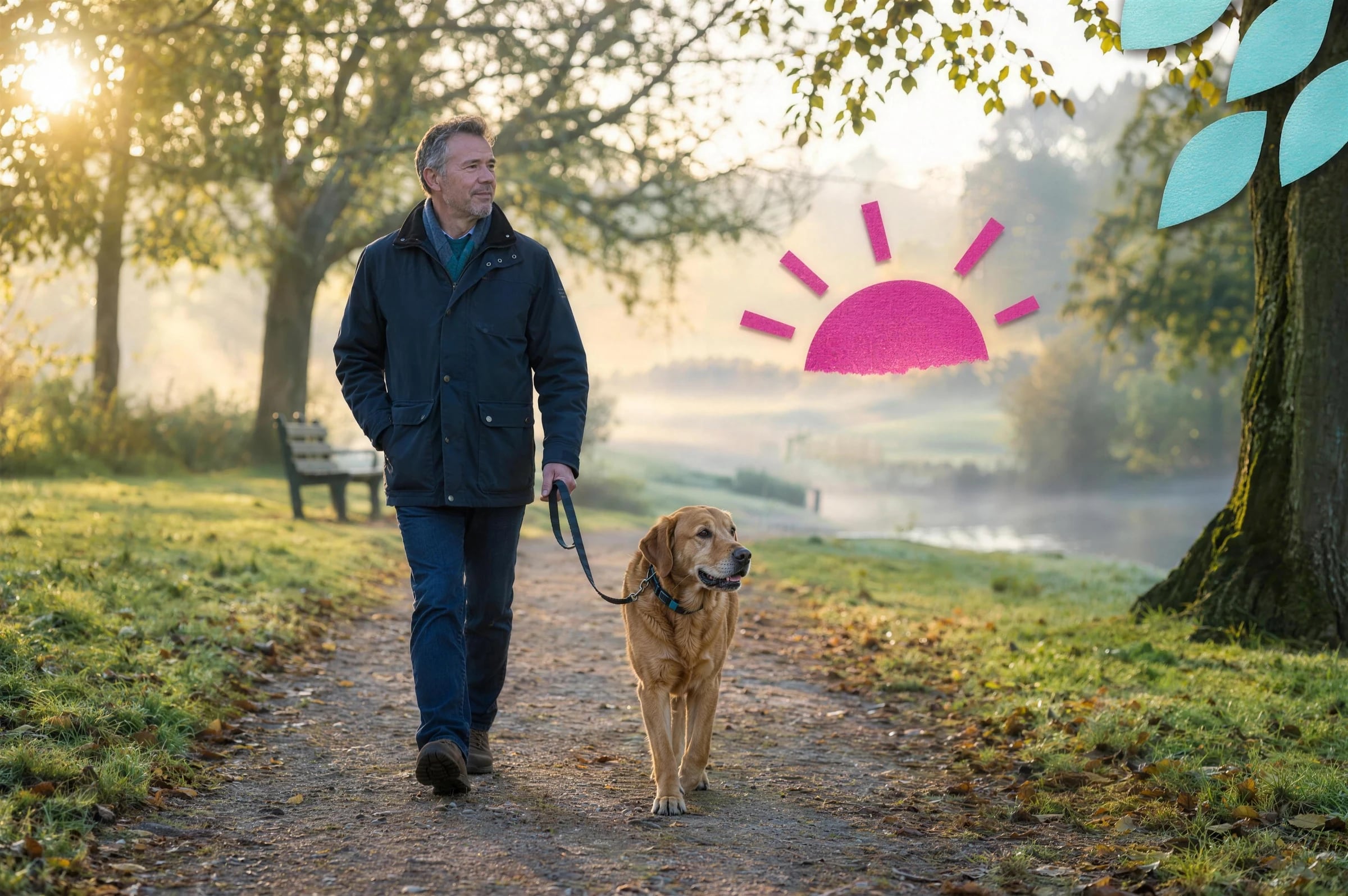 A man walking his dog through a park in the early morning light.