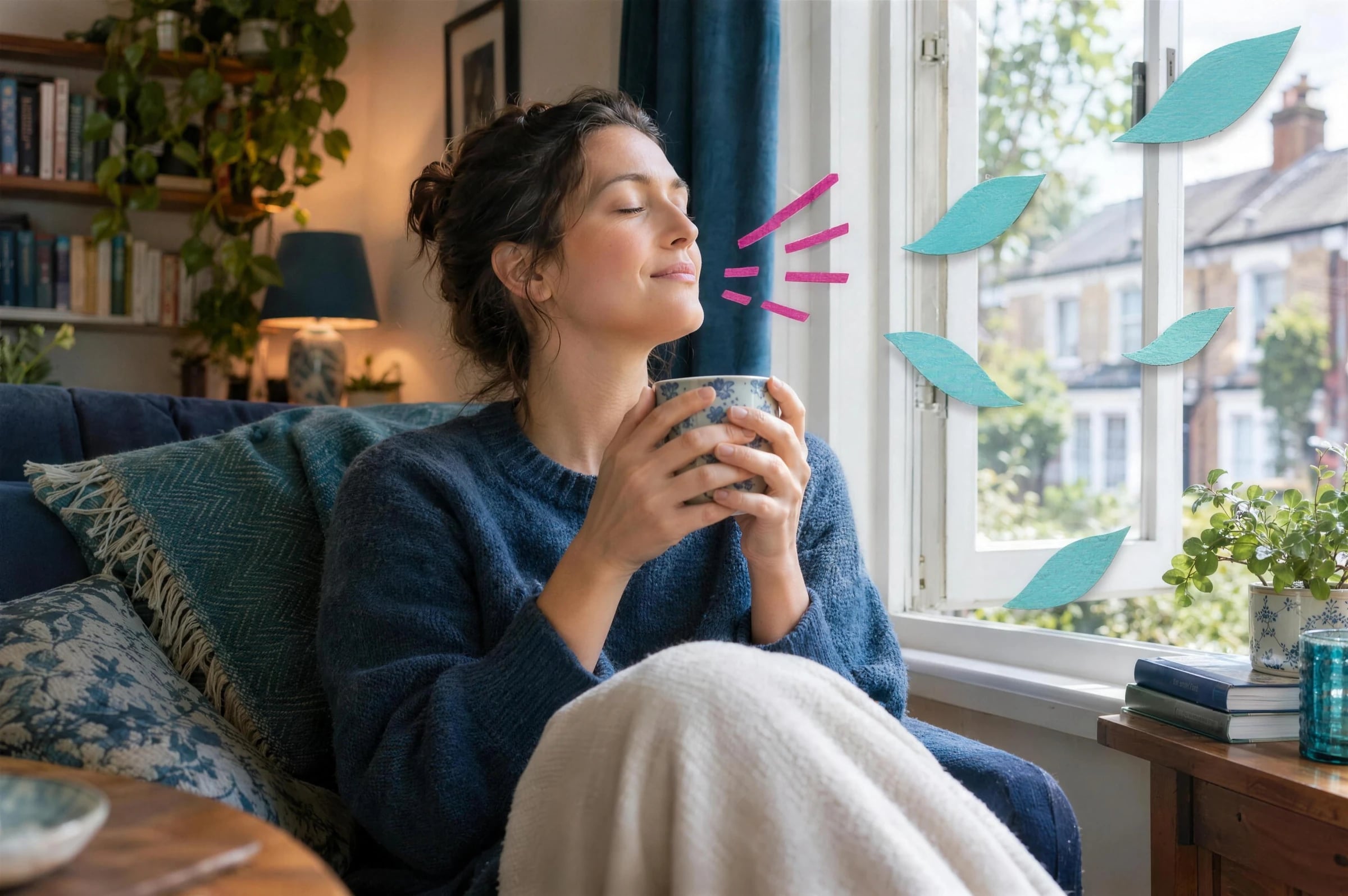 A woman by an open window at home, eyes closed, holding a mug of tea and taking a calm breath.