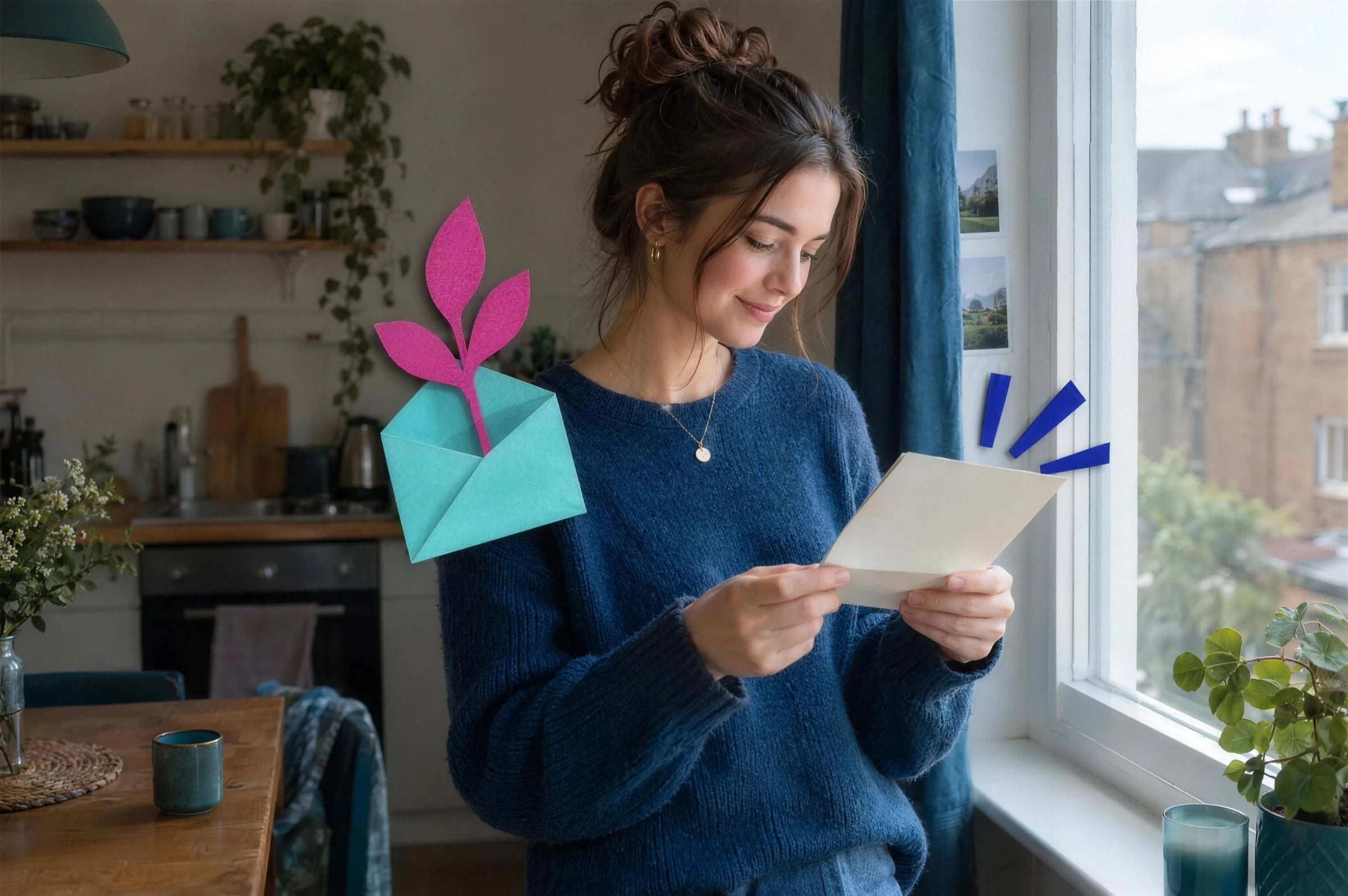 A young woman by the window of her flat reading a letter, looking calm.