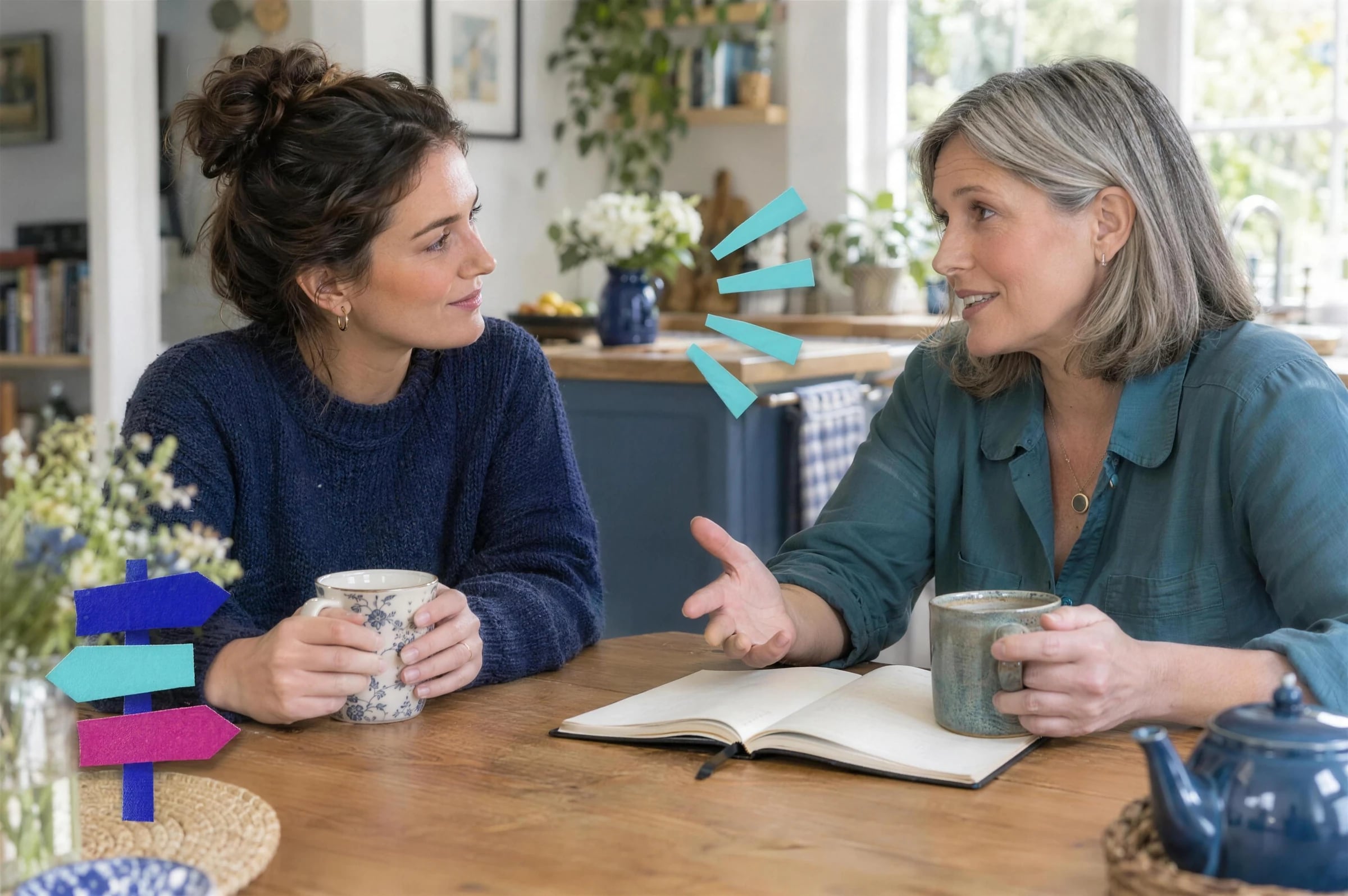 Two friends talking over tea at a kitchen table, a notebook open between them.