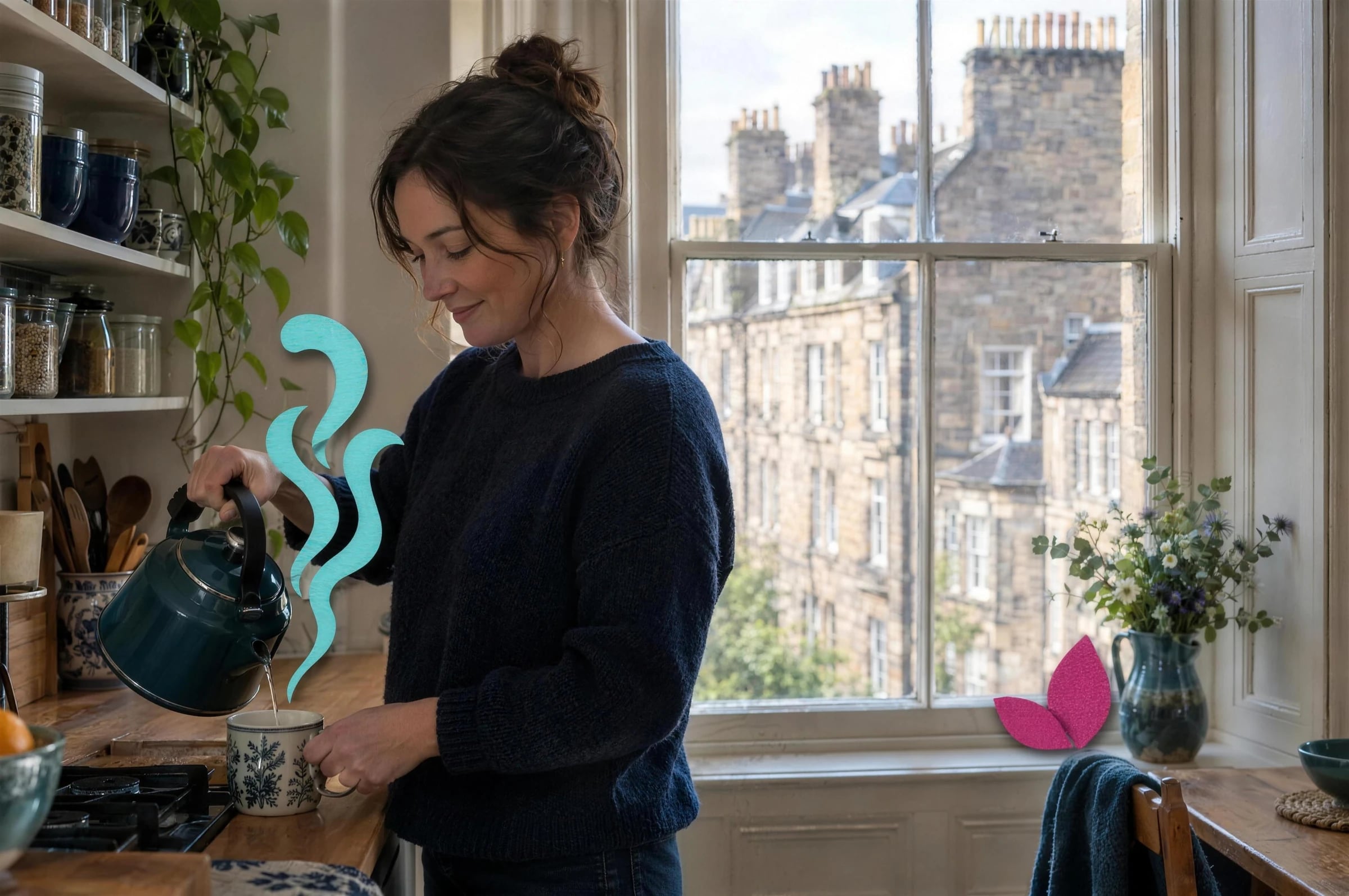 A woman making tea in a tenement flat kitchen, stone buildings outside the window.