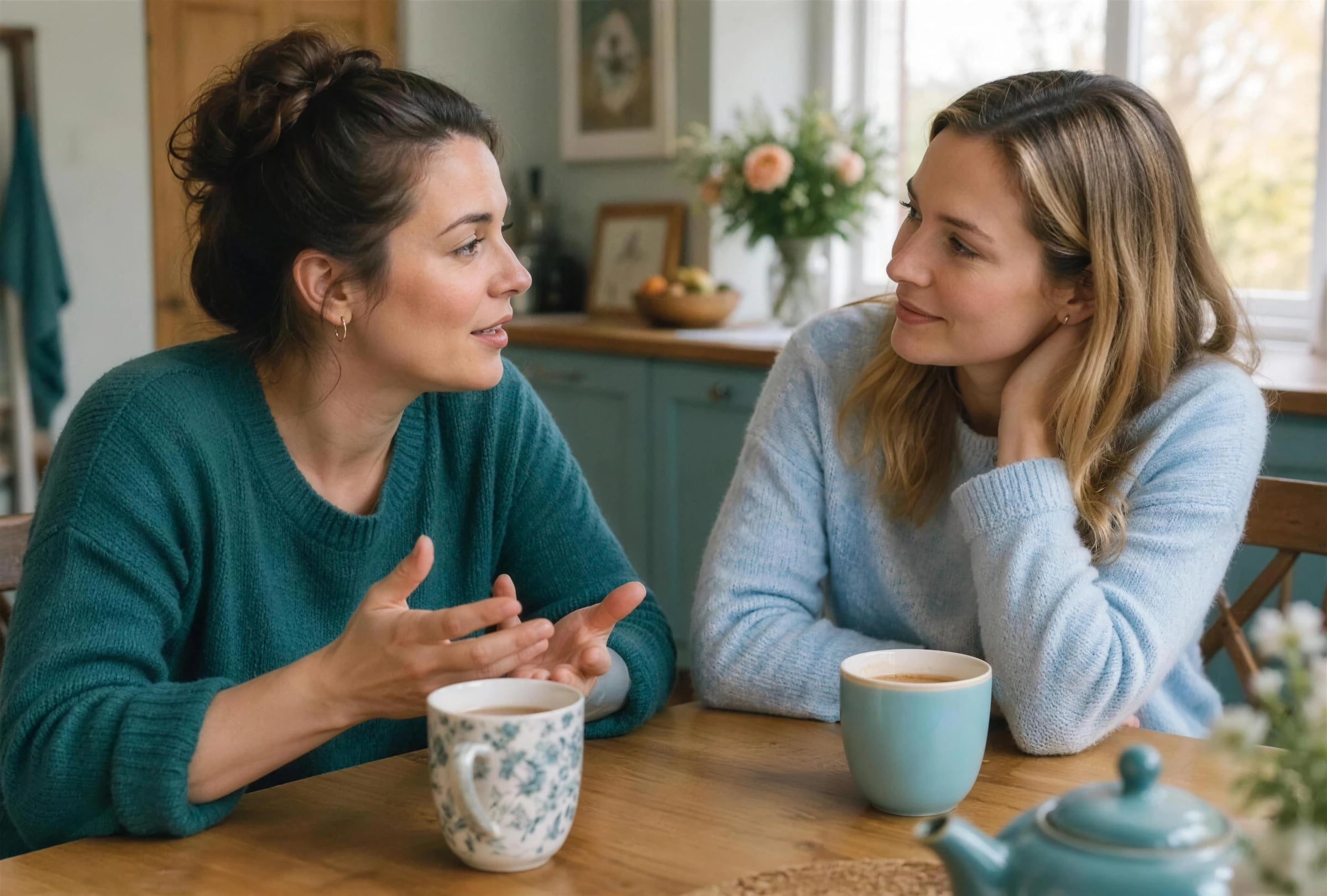 Two friends talking over tea at a kitchen table, one listening closely.